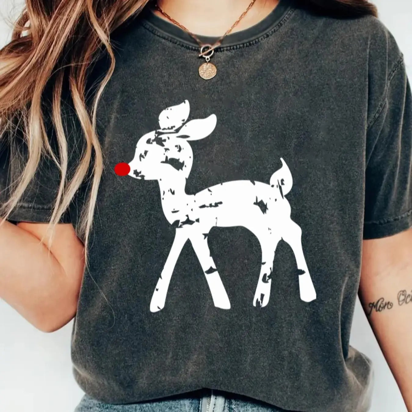 Women's Christmas Reindeer Print Round Neck Tee, Casual Drop Shoulder Short Sleeve T-shirt for Daily Wear, Ladies Clothes...