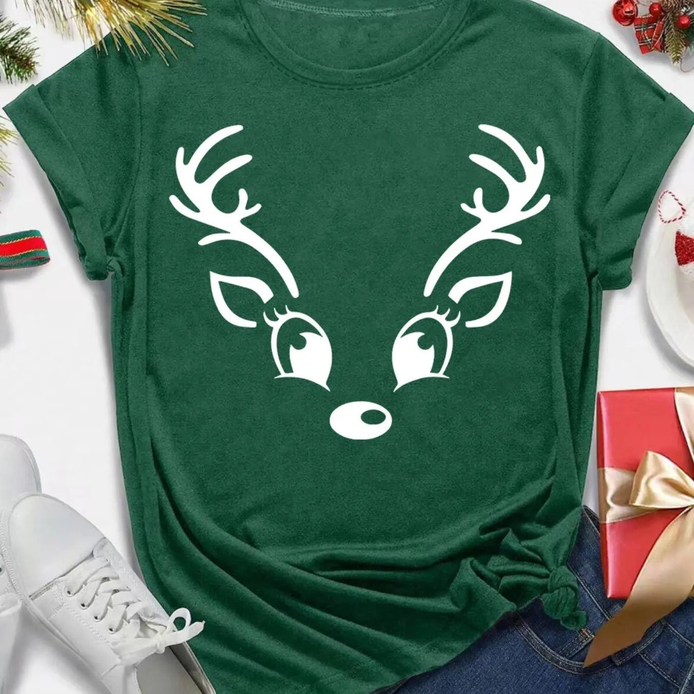Women's Christmas Reindeer Print Round Neck Tee, Casual Short Sleeve Crew Neck T-Shirt for Daily Holiday Vacation Outdoor...