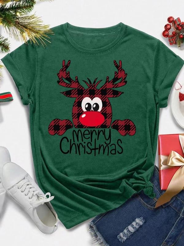 Women's Christmas Reindeer Print Round Neck Tee, Casual Short Sleeve Crew Neck T-Shirt for Daily Holiday Vacation Outdoor...