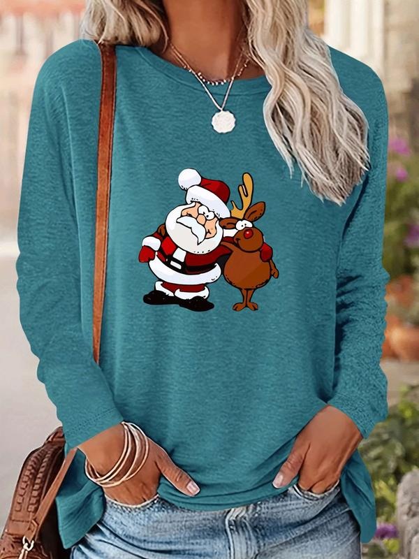 Women's Christmas Santa & Reindeer Print Long Sleeve Casual Fitted T-Shirt, Comfortable Fabric, Available in 9 Colors...