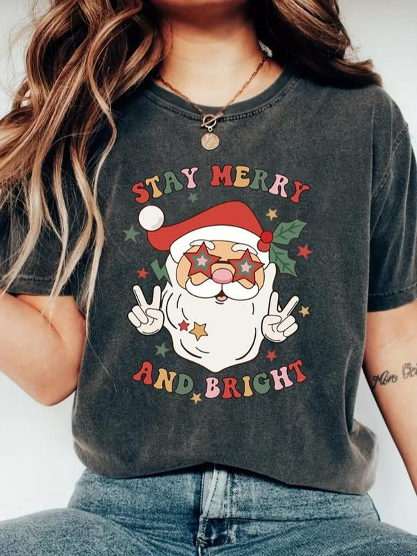 Women's Christmas Santa Claus & Letter Print Round Neck Graphic Tee, Vintage Trendy Casual Drop Shoulder Short Sleeve...