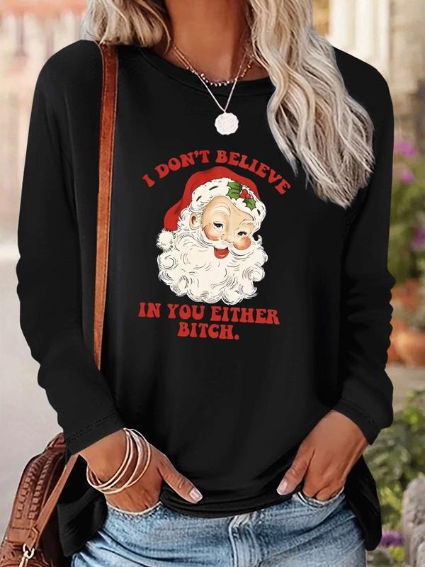 Women's Christmas Santa Claus Print Long Sleeve Casual Fitted T-Shirt, Comfortable Fabric, Available in 9 Colors, All...