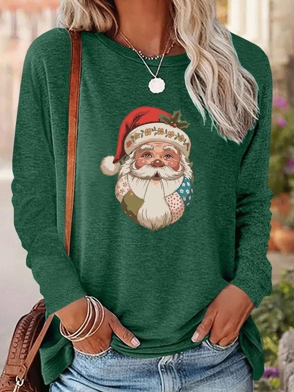 Women's Christmas Santa Claus Print Long Sleeve Casual Fitted T-Shirt, Comfortable Fabric, Available in 9 Colors, All...