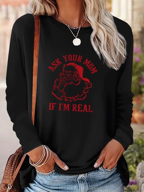 Women's Christmas Santa Claus Print Long Sleeve Casual Fitted T-Shirt, Comfortable Fabric, Available in 9 Colors, All...
