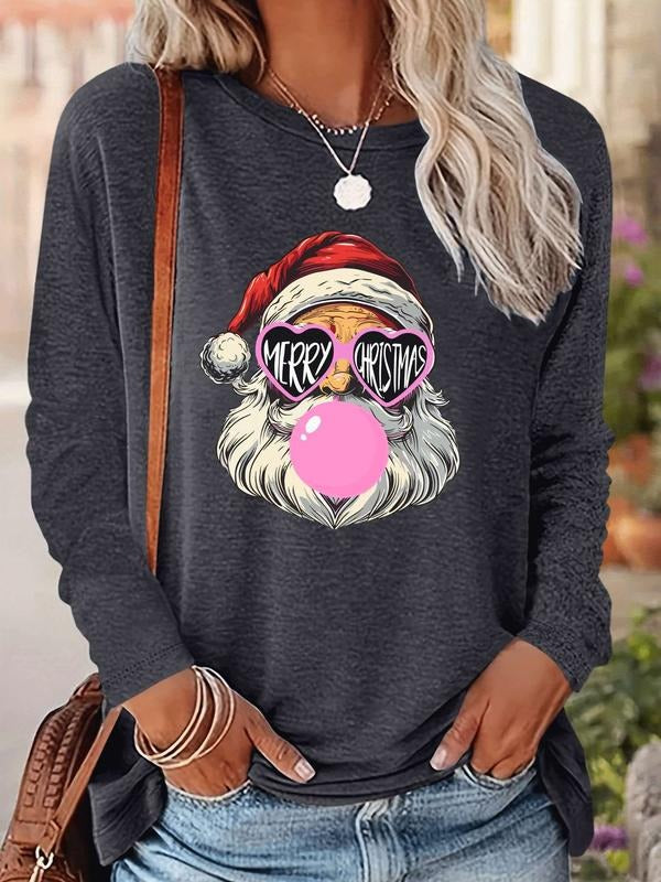 Women's Christmas Santa Claus Print Long Sleeve Casual Fitted T-Shirt, Comfortable Fabric, Available in 9 Colors, All...