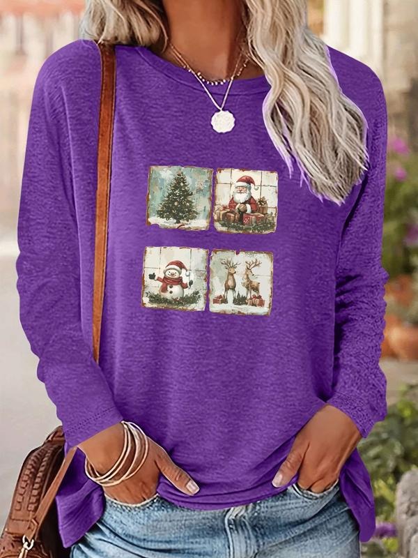 Women's Christmas Santa Claus Print Long Sleeve Fitted Casual T-Shirt, Comfortable Fabric, Available in 9 Colors, All...