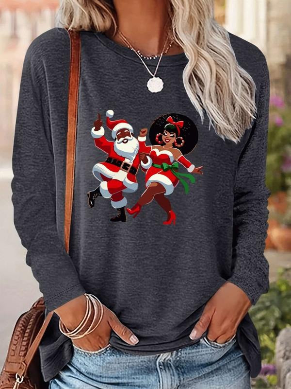 Women's Christmas Santa Claus Print Long Sleeve Fitted Casual T-Shirt, Comfortable Fabric, Available in 9 Colors, All...