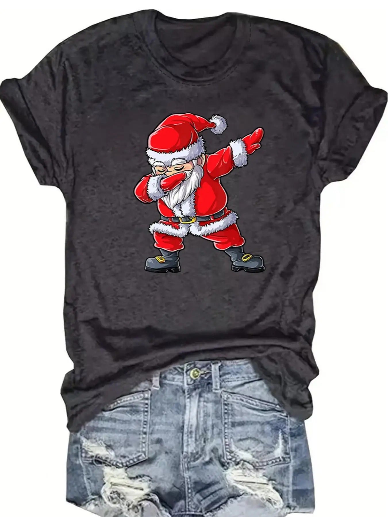 Women's Christmas Santa Claus Print Round Neck Tee, Casual Santa Claus Graphic Crew Neck T-Shirt for Daily Holiday...