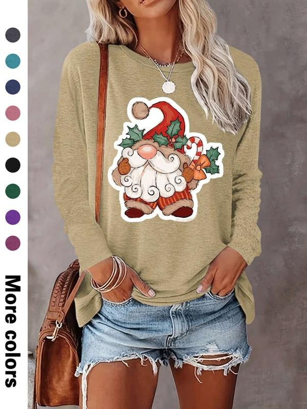 Women's Christmas Santa Print Long Sleeve Casual Fitted T-Shirt, Comfortable Fabric, Available in 9 Colors, Perfect for...
