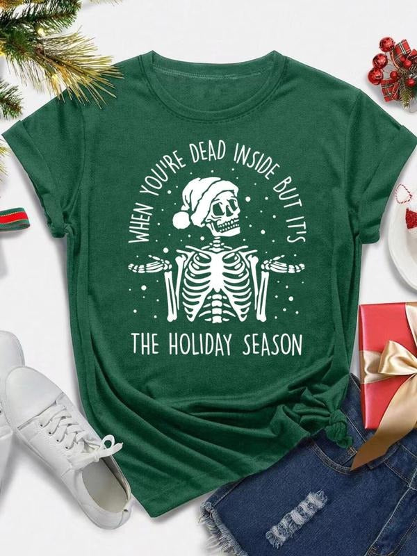 Women's Christmas Skeleton & Letter  Print Round Neck Tee, Casual Short Sleeve T-shirt for Holiday Vacation Outdoor Wear,...