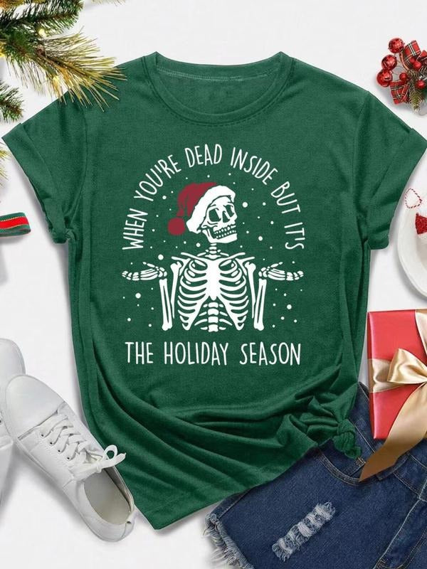 Women's Christmas Skeleton & Letter Print Round Neck Tee, Casual Short Sleeve Crew Neck T-shirt for Holiday Season,...