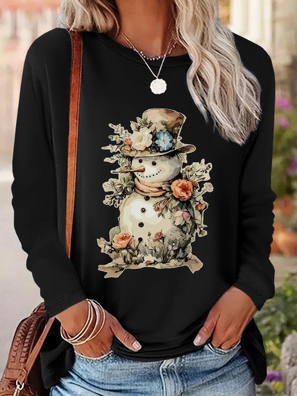 Women's Christmas Snowman Print Round Neck Tee, Casual Long Sleeve Crew Neck T-shirt  for Fall & Winter, Women's Clothes...