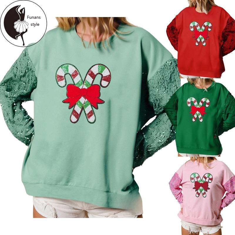Women's Christmas Sweatshirt Long Sleeve Round Neck Sequins Candy Cane Pullovers Shirt Hoodie | PrintMintTees.com