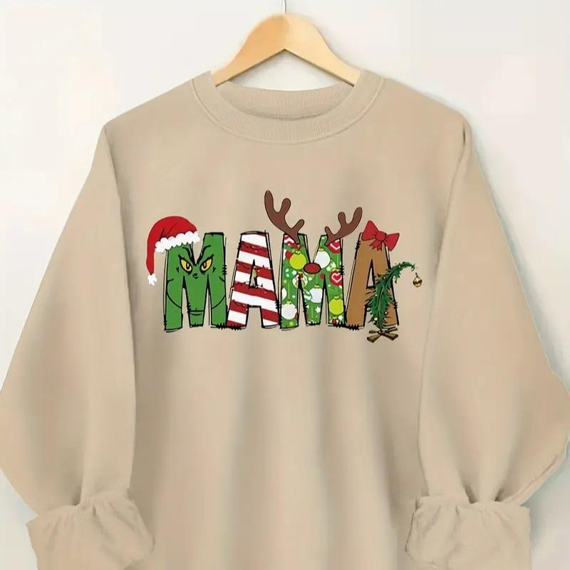 Women's Christmas Sweatshirt, Plus Size Art Letter Print Long Sleeve Crew Neck Slight Stretch Pullover Sweatshirt, Plus...