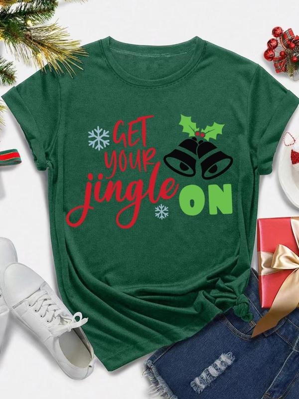 Women's Christmas Themed Bell & Letter Print Round Neck Tee, Casual Short Sleeve Crew Neck T-Shirt for All Seasons,...