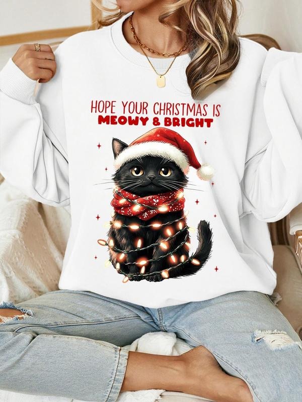 Themed Black Cat Print Drop Shoulder Casual Letter Print Long Sleeve Round Neck Daily Fall & Winter Clothes T-Shirts, Hoodie, Sweatshirt