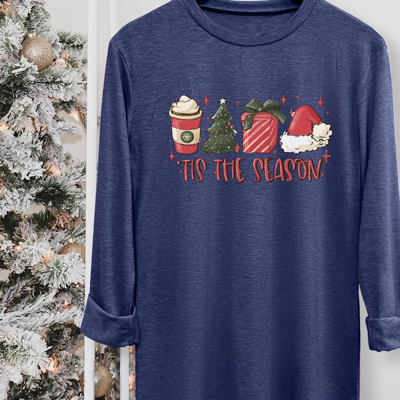 Women's Christmas Themed Cartoon & Letter Print Round Neck Tee, Casual Long Sleeve Crew Neck T-shirt for Fall & Winter,...