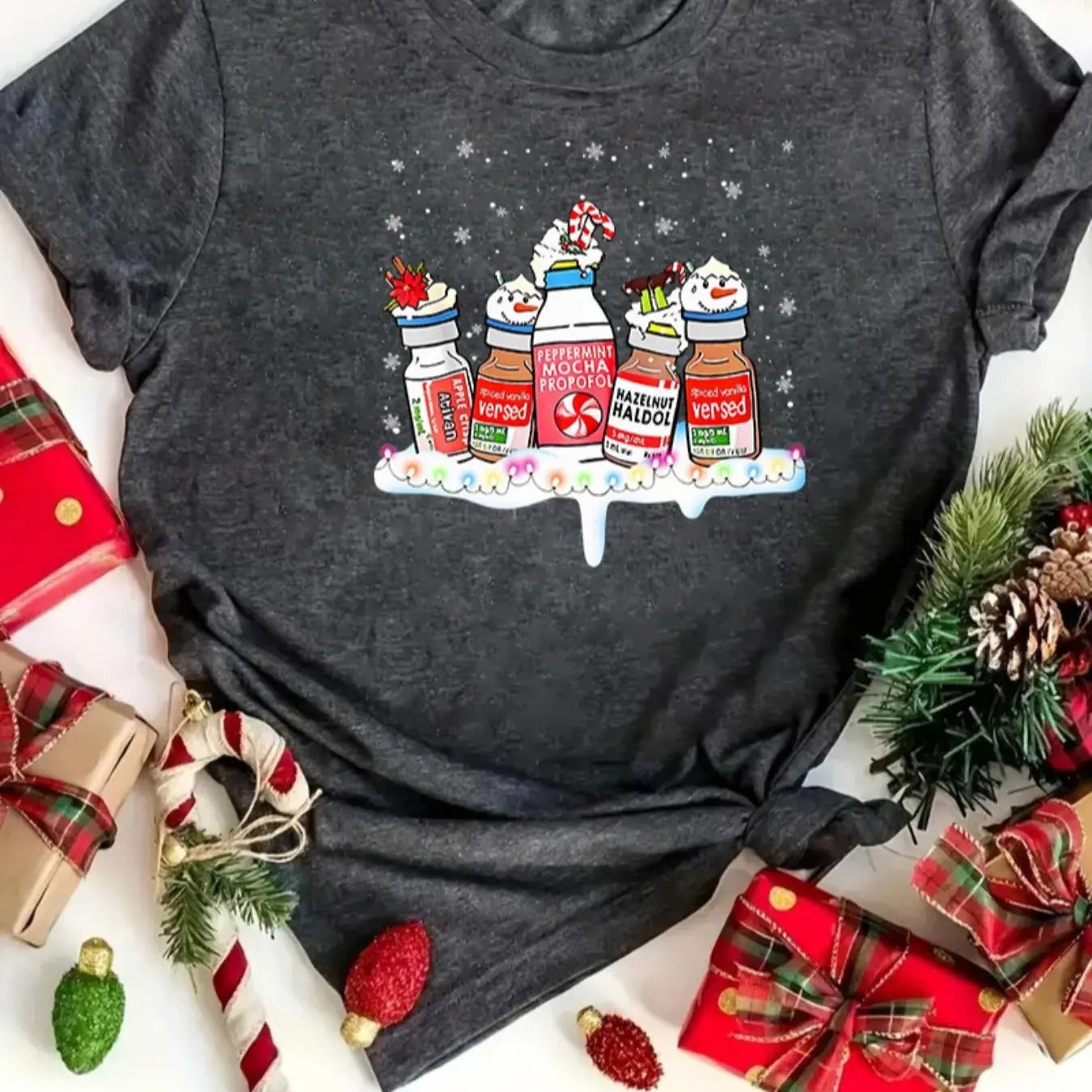 Women's Christmas Themed Cartoon Drinks & Snowman Print Round Neck Tee, Casual Short Sleeve Crew Neck T-Shirt for Daily...