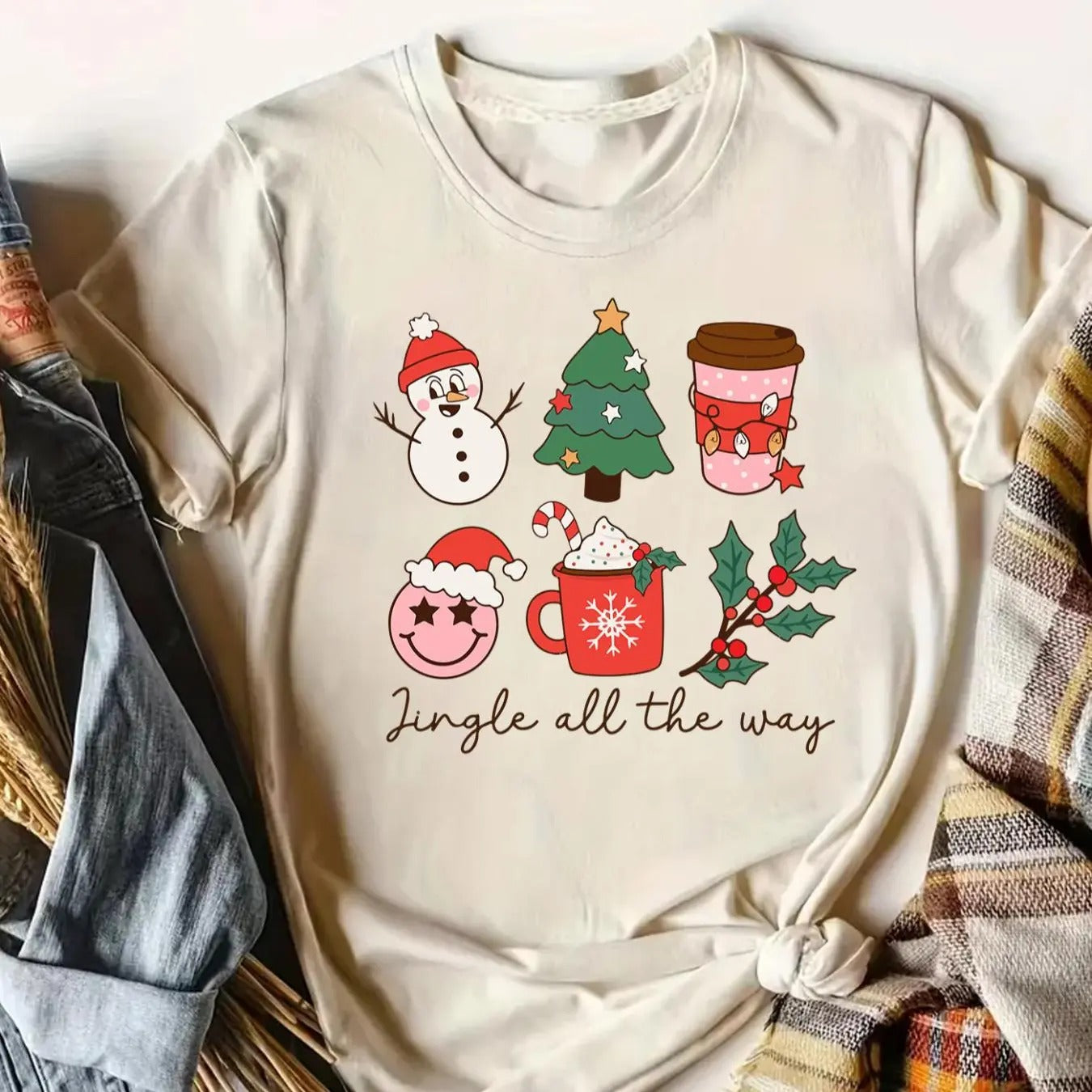 Women's Christmas Themed Cartoon Graphic Round Neck Tee, Casual Short Sleeve T-Shirt for Summer, Women's Top for Daily...