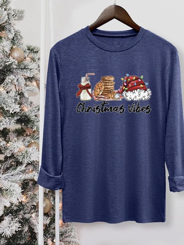 Women's Christmas Themed Cartoon Graphic Tee, Casual Letter Print Long Sleeve Round Neck T-shirt for Fall & Winter,...
