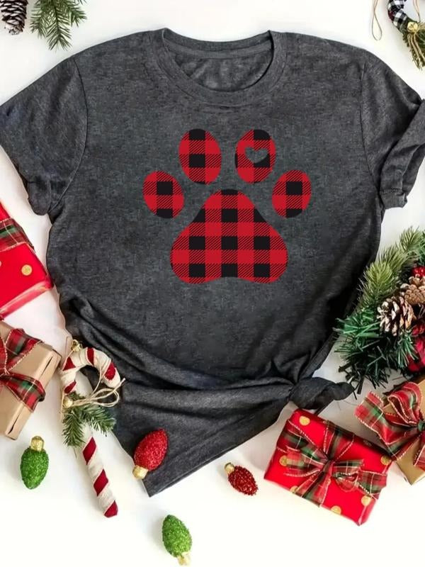 Women's Christmas Themed Cartoon Print Round Neck Tee, Casual Short Sleeve Crew Neck T-Shirt for Summer, Fashion Women's...