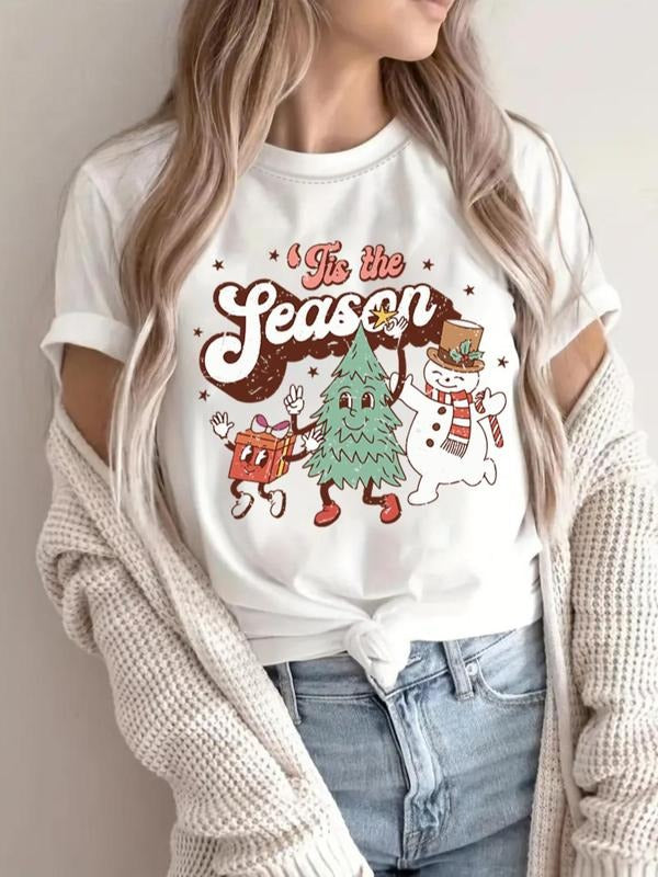 Women's Christmas Themed Cartoon Print Round Neck Tee, Casual Short Sleeve Crew Neck T-shirt for Daily Holiday Vacation...