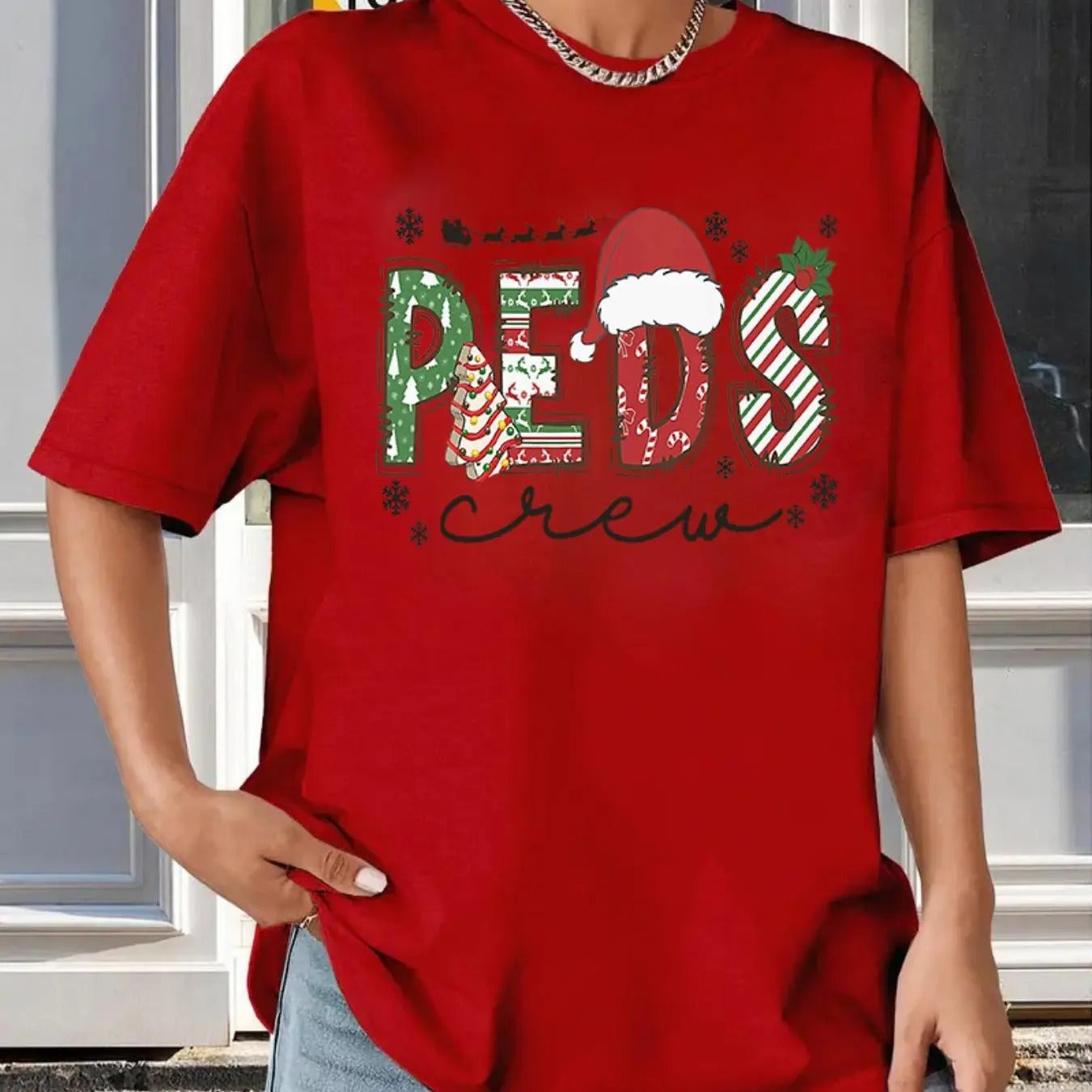 Women's Christmas Themed Cartoon Santa Claus & Letter Print Drop Shoulder Tee, Casual Half Sleeve Round Neck T-shirt for...