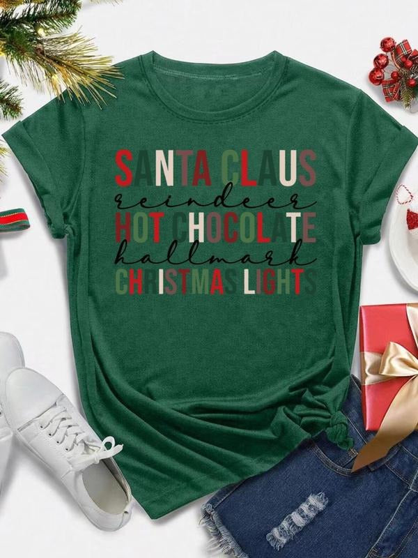 Women's Christmas Themed Cartoon Santa Claus Letter Print Round Neck Tee, Casual Short Sleeve Crew Neck T-Shirt for...