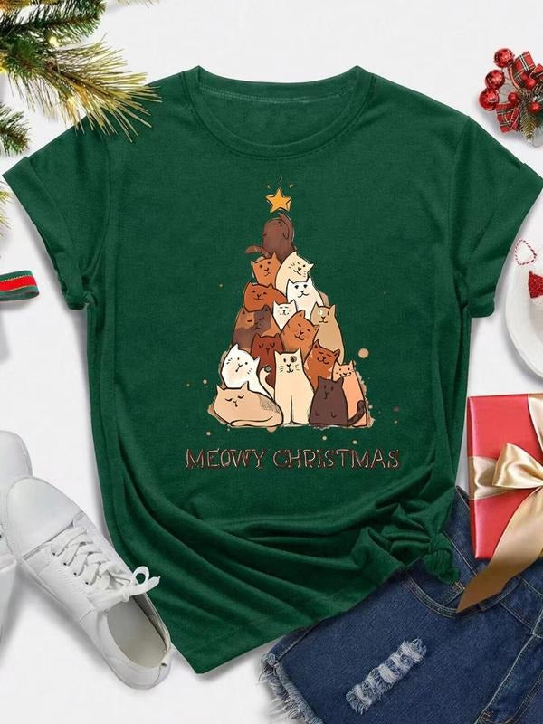 Women's Christmas Themed Cat & Letter Print Round Neck Tee, Casual Short Sleeve Crew Neck T-shirt for All Seasons,...