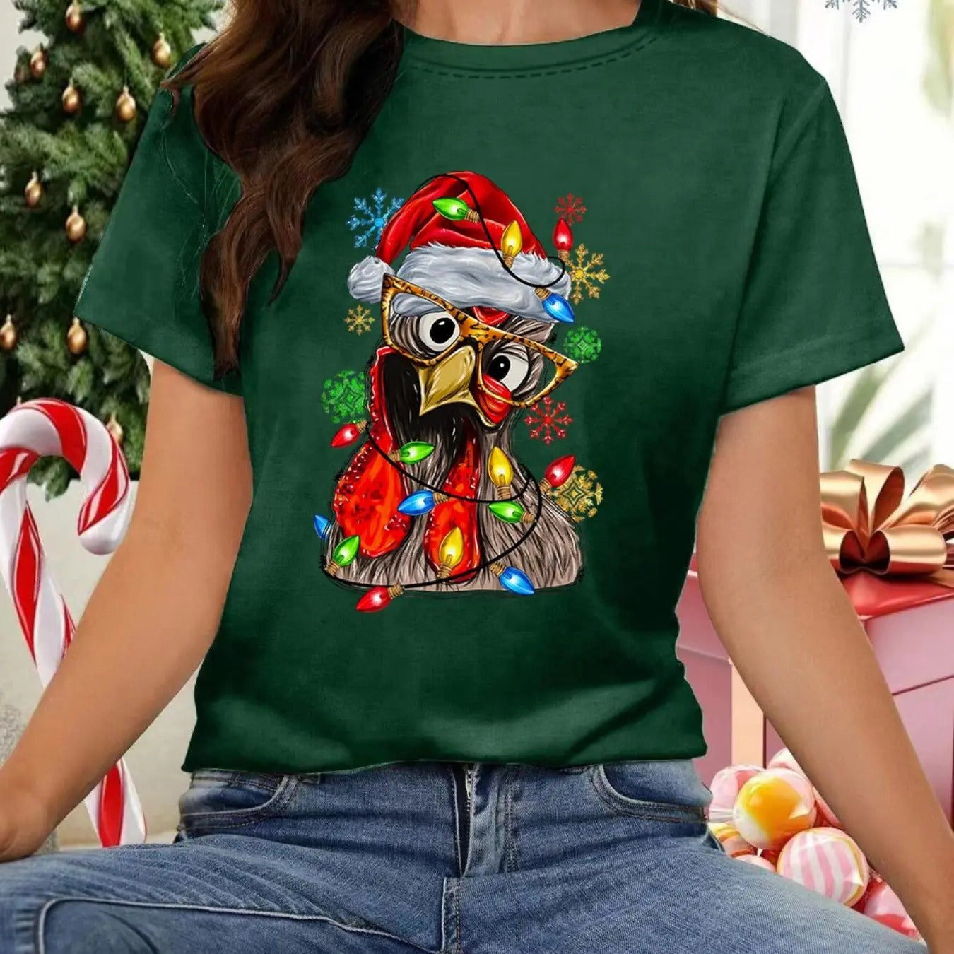 Women's Christmas Themed Chicken Print Round Neck Tee, Casual Short Sleeve Crew Neck T-Shirt for All Seasons, Fashion...