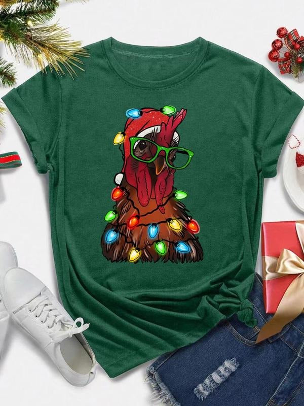 Women's Christmas Themed Chicken Print Round Neck Tee, Casual Short Sleeve Crew Neck T-Shirt for Daily Holiday Vacation...