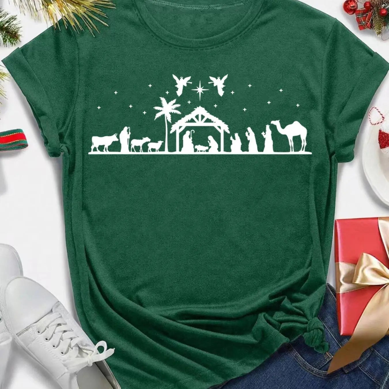 Women's Christmas Themed Christmas Tree & Snowman Print Round Neck Tee, Casual Short Sleeve T-shirt for Daily Wear,...