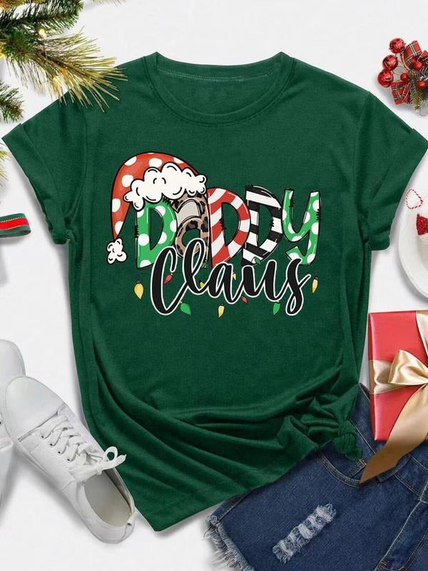 Women's Christmas Themed Claus Print Round Neck Tee, Casual Short Sleeve Crew Neck T-shirt for Daily Holiday Vacation...