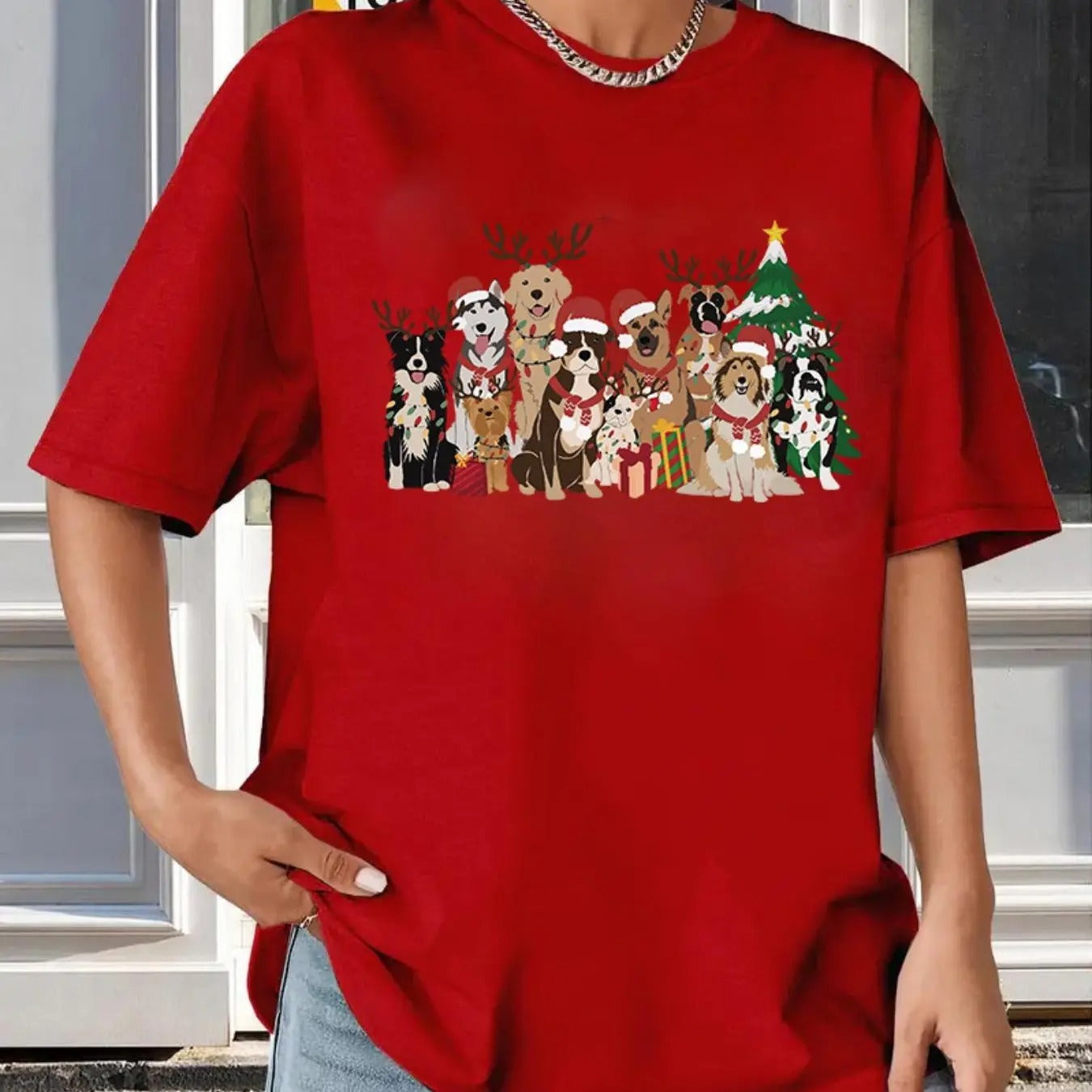 Women's Christmas Themed Dog Print Drop Shoulder Tee, Casual Short Sleeve Round Neck T-shirt for Summer, Women's Top for...