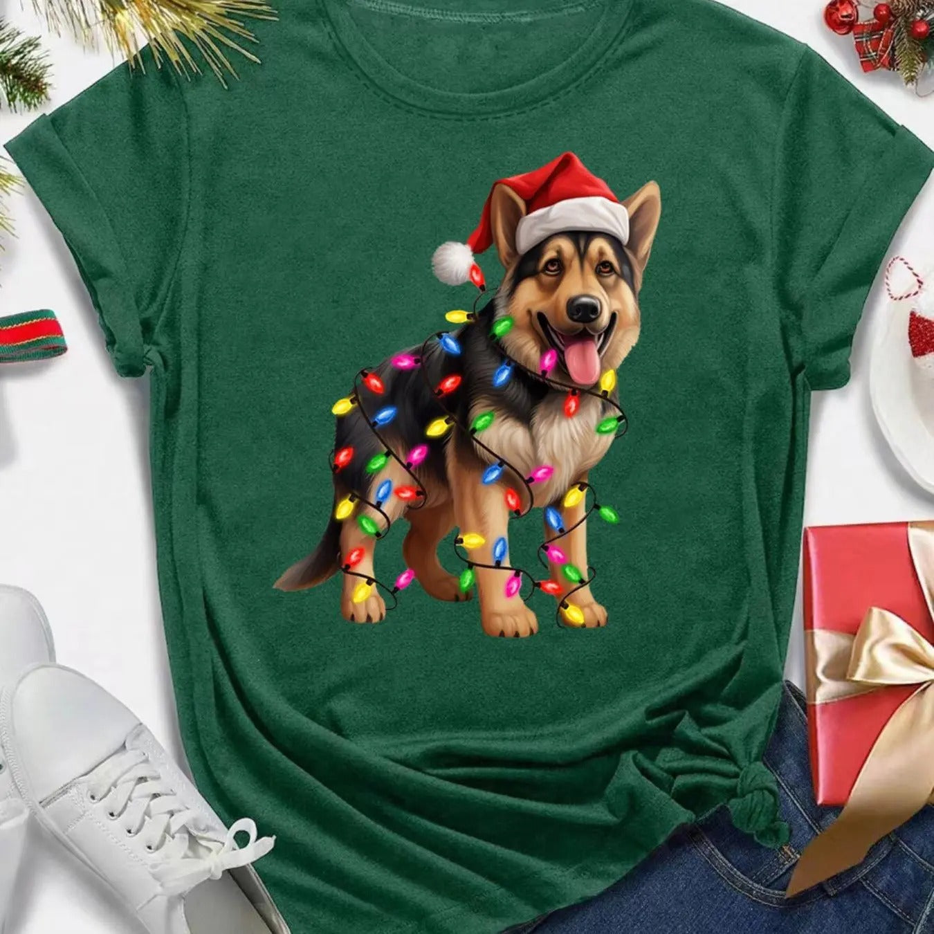 Women's Christmas Themed Dog Print Round Neck Tee, Casual Short Sleeve Crew Neck T-shirt for Daily Holiday Vacation...