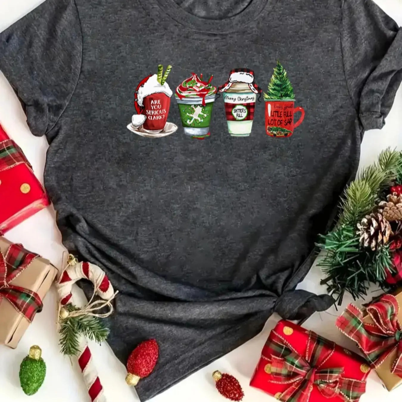 Women's Christmas Themed Drink Print Short Sleeve Tee, Casual Round Neck Graphic T-shirt for Daily Wear, Ladies Clothes...