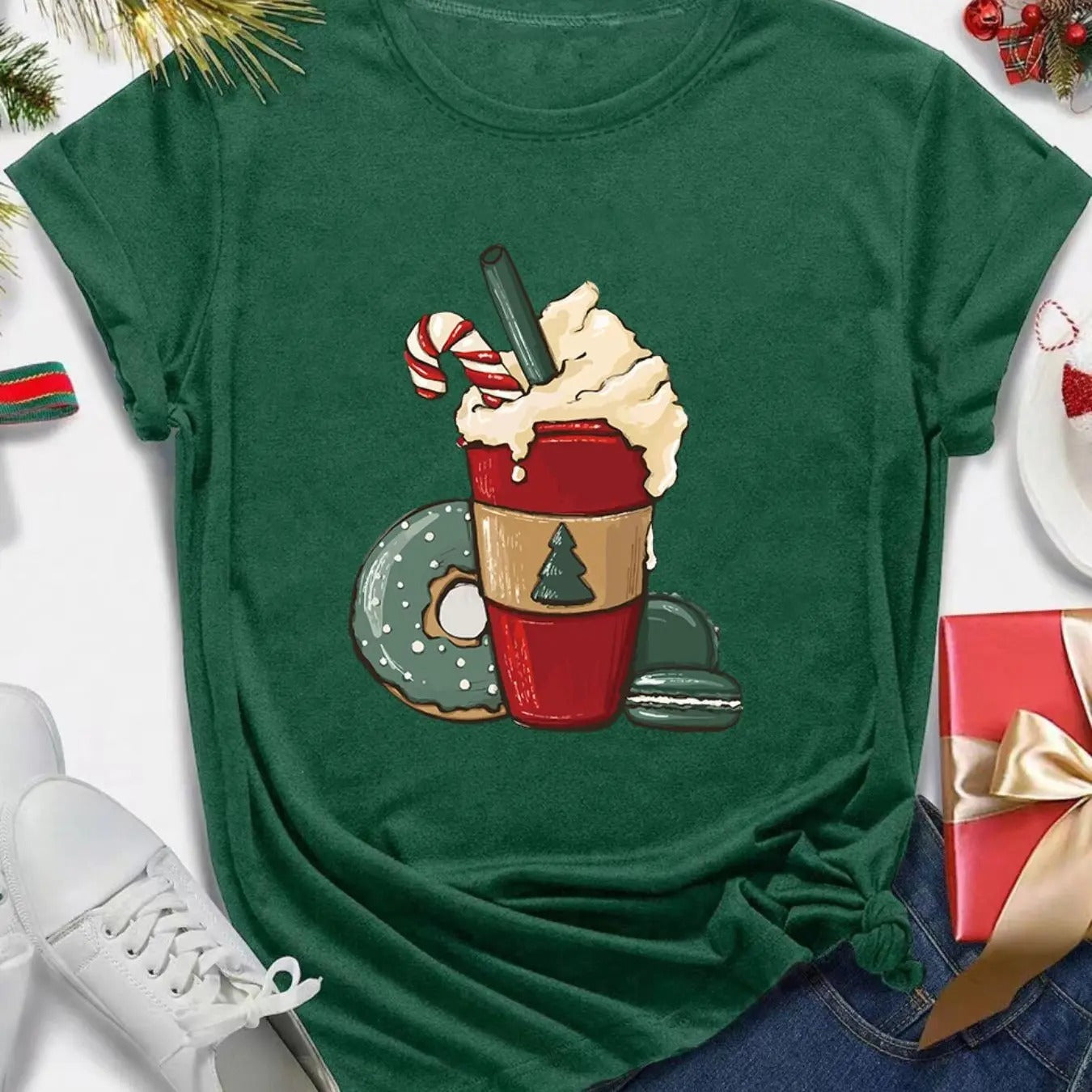 Women's Christmas Themed Drink Print Short Sleeve Tee, Casual Round Neck T-shirt for Daily Wear, Ladies Clothes for All...