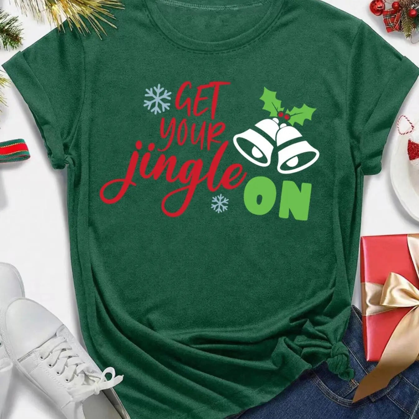 Women's Christmas Themed Get Your Jingle on Letter Print Round Neck Graphic Tee, Vintage Trendy Casual Short Sleeve...