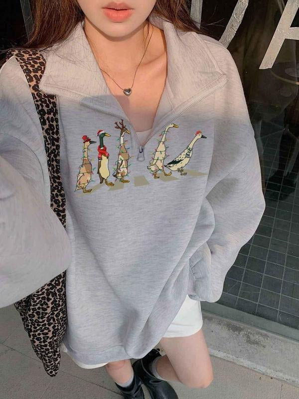 Themed Goose Print Half Zip Drop Shoulder Casual Long Sleeve Collared Fall & Winter Clothes Daily T-Shirts, Hoodie, Sweatshirt