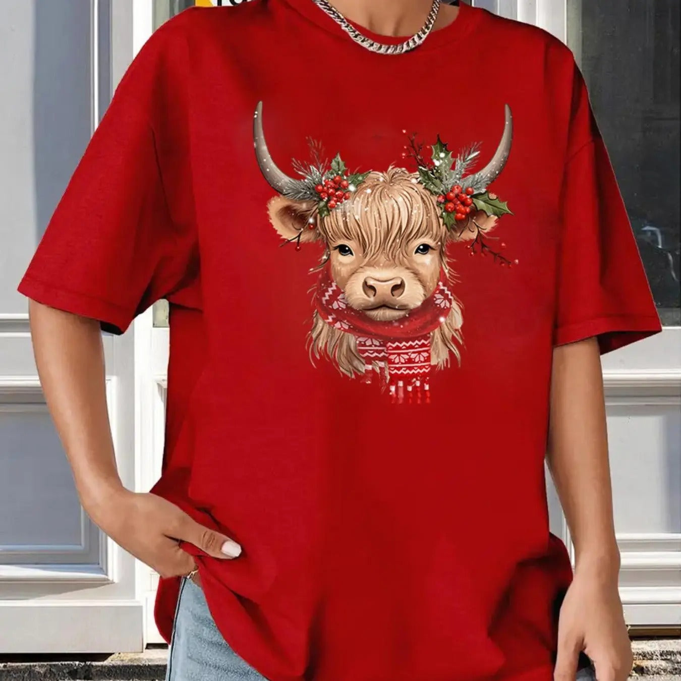 Women's Christmas Themed Highland Cow Print Drop Shoulder Tee, Casual Short Sleeve Round Neck T-shirt for Daily Wear,...