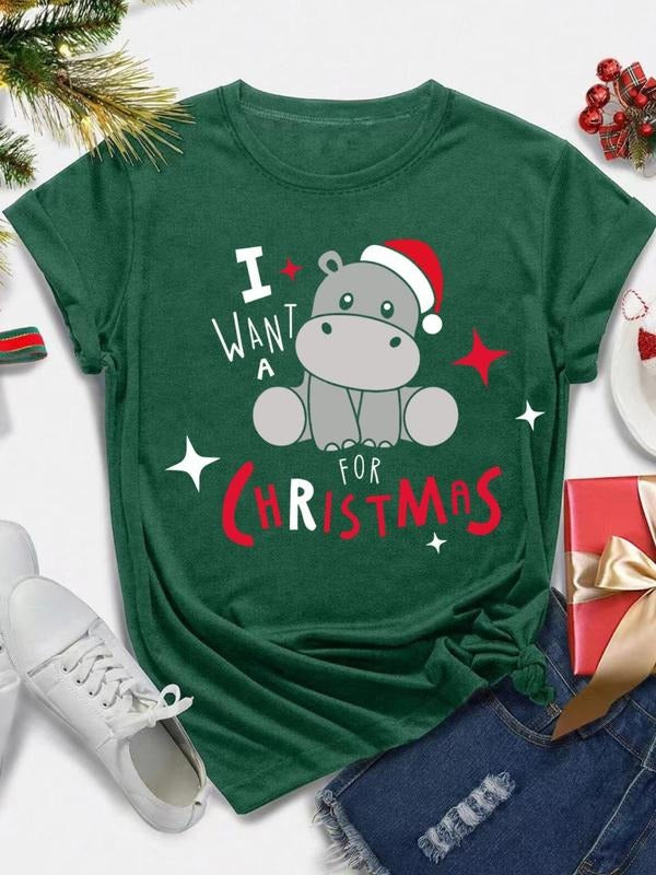 Women's Christmas Themed Hippo Print Round Neck Tee, Fashion Casual Crew Neck Short Sleeve T-shirt for Daily Holiday...