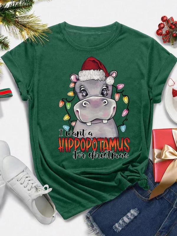 Women's Christmas Themed Hippopotamus & Letter Print Round Neck Tee, Casual Short Sleeve Crew Neck T-shirt for Daily...