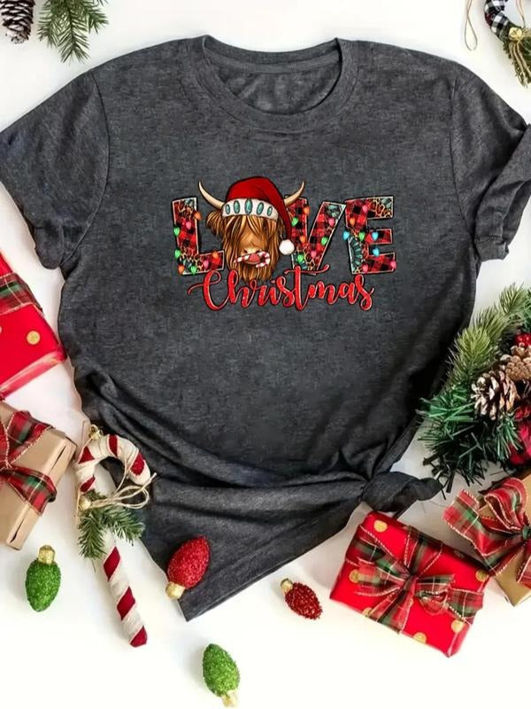 Women's Christmas Themed Letter & Bull Head Print Round Neck Tee, Casual Short Sleeve Crew Neck T-shirt for Daily Holiday...