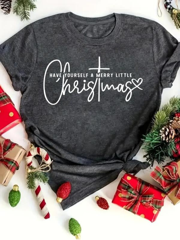 Women's Christmas Themed Letter & Heart Print Round Neck Tee, Casual Short Sleeve Crew Neck T-shirt for Daily Holiday...