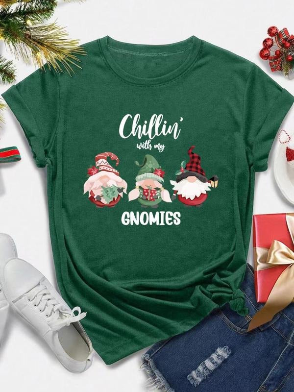 Women's Christmas Themed Letter & Santa Claus Print Round Neck Tee, Casual Short Sleeve Crew Neck T-shirt for Daily...
