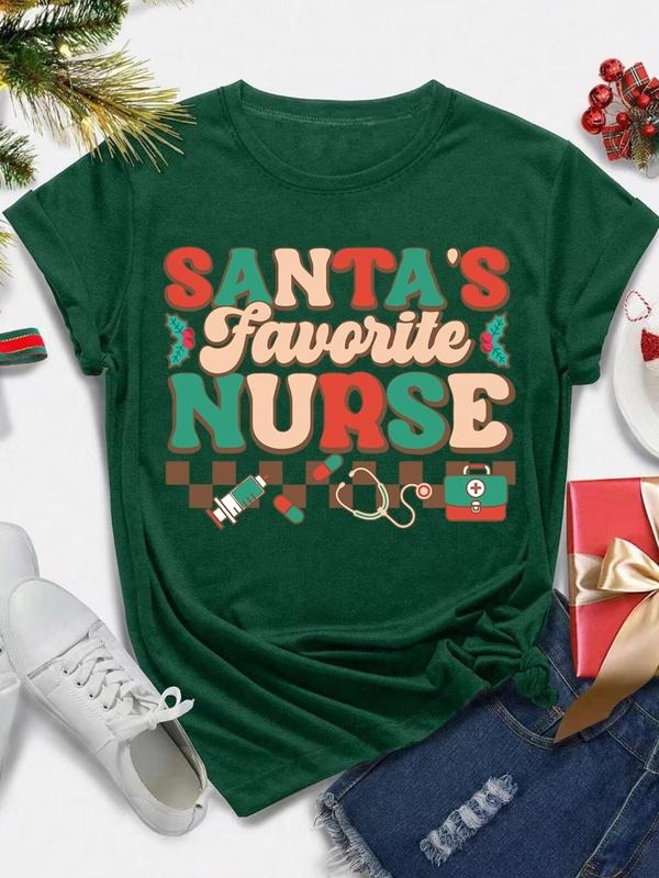 Women's Christmas Themed Letter Graphic Round Neck Tee, Casual Short Sleeve Crew Neck T-shirt for Daily Holiday Vacation...