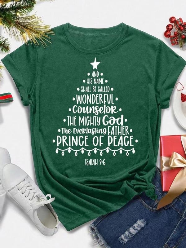 Women's Christmas Themed Letter Print Round Neck Tee, Casual Short Sleeve Crew Neck T-Shirt for Daily Holiday Vacation...