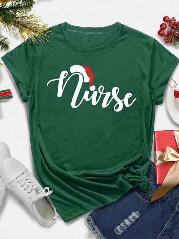 Women's Christmas Themed Letter Print Round Neck Tee, Casual Short Sleeve Crew Neck T-Shirt for Summer, Fashion Women's...