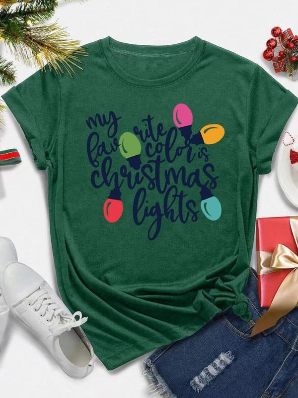 Women's Christmas Themed Letter Print Round Neck Tee, Casual Short Sleeve Crew Neck T-Shirt for Summer, Fashion Women's...