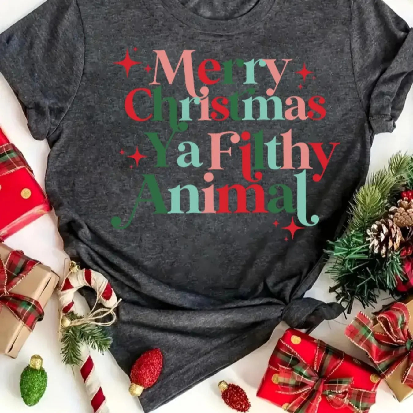 Women's Christmas Themed Letter Print Round Neck Tee, Casual Short Sleeve Crew Neck T-shirt for All Seasons, Fashion...